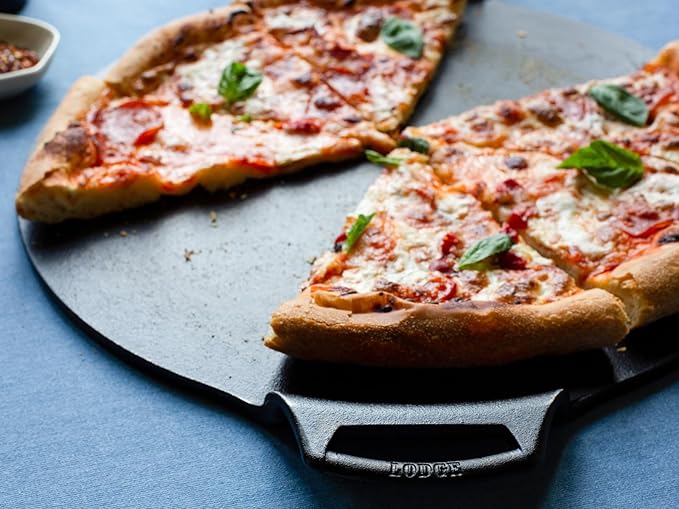 Lodge Seasoned Cast Iron Pizza Pan 15 Inch - Pre-Seasoned, Round Pizza Pan with Dual Assist Handles - Even Heat Distribution- PFAS-Free, Non-Toxic Cookware - Oven Safe