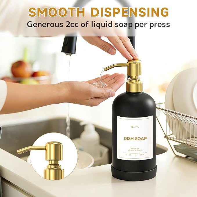 Kitchen Soap Dispenser Set – 16.8oz/500ml Glass Hand and Dish Soap Dispenser with Stainless Steel Pumps & Non-Slip Silicone Base, Luxury Countertop Decor for Home, Airbnb, Hotel (Black & Gold)