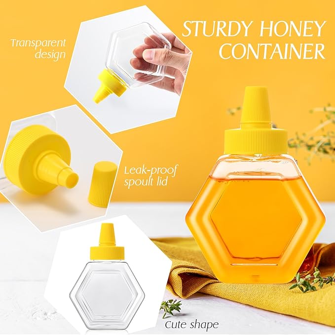 Ziliny 32 Pcs 12 oz Honey Squeeze Bottle Plastic Empty Beehive Bottle Jar with Spout Lid Clear Refillable Honey Containers for Condiment Storing and Dispensing Dispenser, Hexagon Shape
