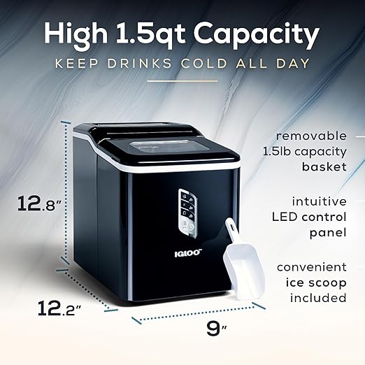 Igloo Handled Portable Ice Maker with Scoop - Ice Maker with LED Control Panel & 1 Quart Water Tank - Ice Cube Maker Produces 26 Lbs. of Ice in 24 Hours with 9 Large or Small Cubes In 7 Minutes- Black