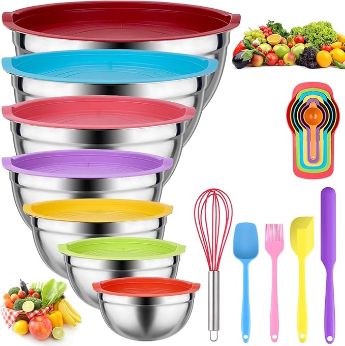 Leidawn Mixing Bowls with Lids for Kitchen - 25 PCS Stainless Steel Nesting Colorful Mixing Bowls Set for Baking,Mixing,Serving & Prepping,Size 5, 3.7, 2.8, 2.3, 1.7, 1.1, 0.7QT,11 Cooking Utensils