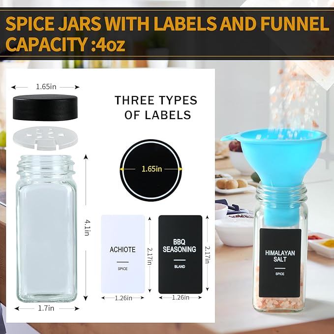 24 Glass Spice Jars with Labels, Spice Jar Set, 4oz Spice Containers, Seasoning Containers with Black Airtight Lids and Shaker Lids, Square Empty Spice Bottles, 492 Labels, 1 Funnel
