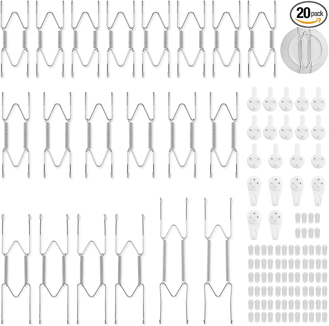 Bilillo 20 pcs Plate Hangers for The Wall, 4/6/8/10 Inch Invisible Decorative Wall Plates Hangers, Stainless Steel Plate Wall Holders for Display Various Sizes with Hooks for Decorative Silver