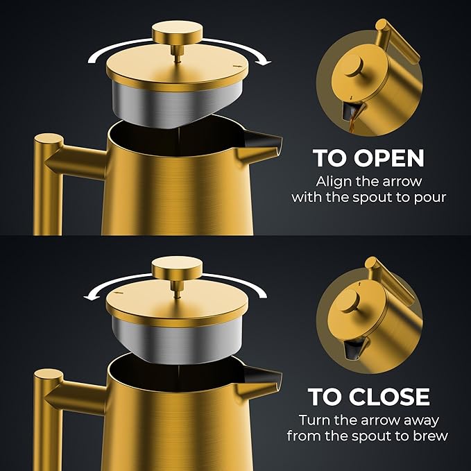 French Press Coffee Maker, Stainless Steel French Press, 34 Oz / 1L, Large Insulated Double Wall Coffee Maker with 3 Extra Mesh Filters, Satin Finish, Gold