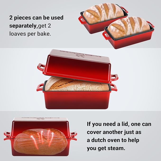 Northriver Casting 9x5 Inch Enameled Cast Iron Loaf Pan with Lid, Perfect Bread Baking Pan | Even Heat Distribution for Homemade Bread, Cake, Meatloaf，2 Piece set，Red