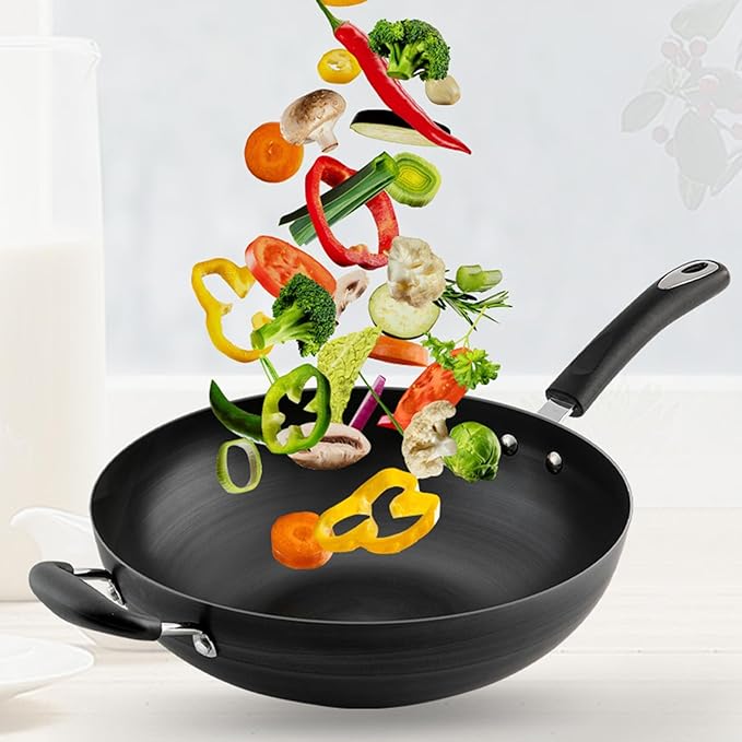 Wok Pan with Lid Nonstick Wok 32cm, Carbon Steel Woks Stir-Fry Pans, No Chemical Coated Flat Bottom Chinese Wok, for Electric, Induction and Gas Stoves