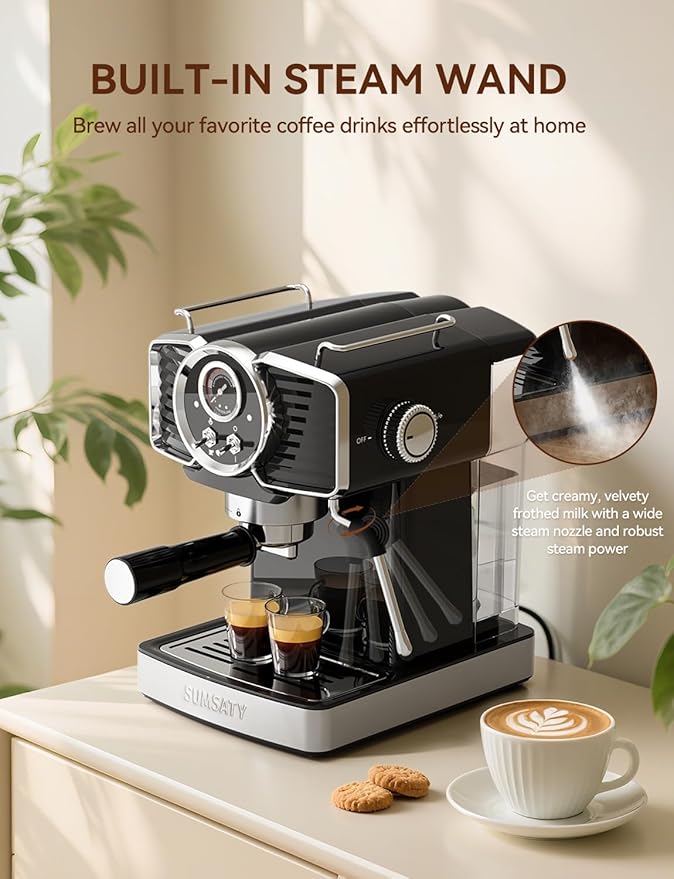 SUMSATY Espresso Machine 20 Bar Espresso Maker with Milk Frother Steam Wand, Professional Expresso Machine for Home Cappuccino & Latte Maker, Retro Coffee Maker with 61oz Water Tank, Black
