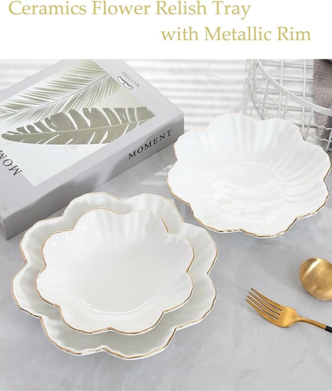 Porcelain Serving Dish,Ceramics Flower Relish Tray with Metallic Rim,Serving Bowls for Wedding,Party Perfect for Small Cereal, Pasta, Salad, Candy and Snacks White 8 inch (2pc-8inch)