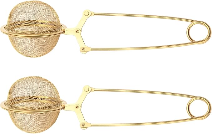 Luckyiren Snap Tea Ball Infuser with Handle; Premium Stainless Steel Fine Mesh Screen Tea Strainer Filters Colander Cullender Sieve Infusion Steeper Maker for Loose Leaf Tea Herbs, 2 Pieces, Golden