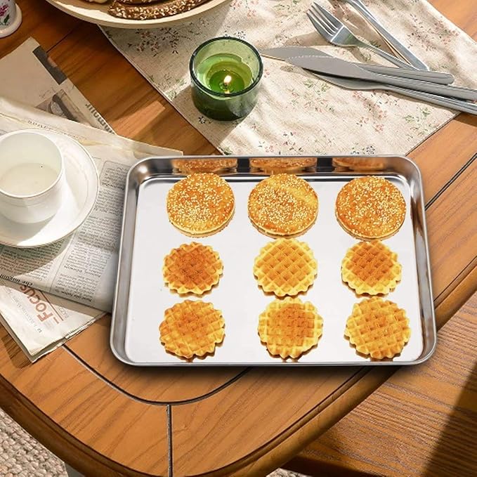 Baking Sheets 2 Pieces, Bastwe Cookie Sheets Set Stainless Steel Baking Pans Toaster Oven Tray Pans, Rectangle Size 12 × 10 × 1 inch, Rustproof & Healthy & Easy Clean & Dishwasher Safe