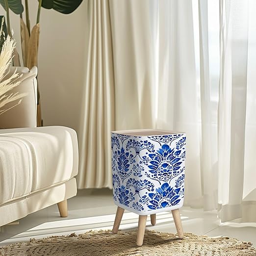 Small Trash Can with Lid porcelain seamless pattern Floral ornament watercolor blue white Wastebasket with Press Cover Dog Proof Garbage Can Waste Bin for Kitchen Bathroom Nursery 2.6 Gallon