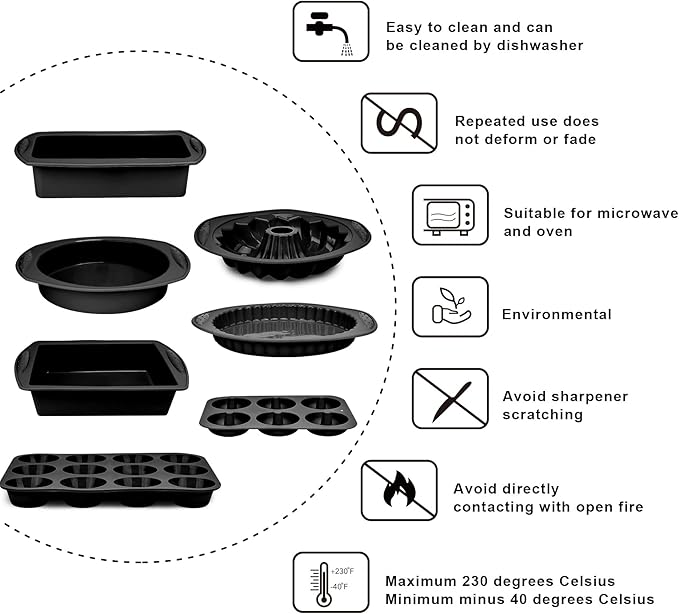 Aschef 9in1 Nonstick Silicone Baking Ring Cake Pan Cookie Sheet Molds Tray Heat Resistant Bakeware Tools Kit for Muffin Loaf Bread Pizza Cupcake Utensil