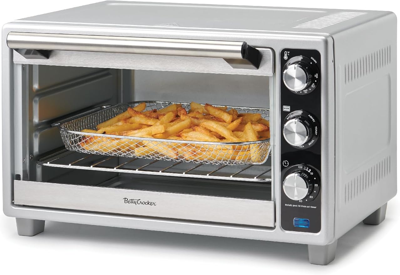 Betty Crocker Air Fryer Convection Toaster Oven, Multifunction 6-Slice Toaster and Air Fryer Oven, 0.8 Cu. Ft. 6 Slice Capacity AirFryer Toaster Oven Combo, 7 Function Convection Oven,Silver