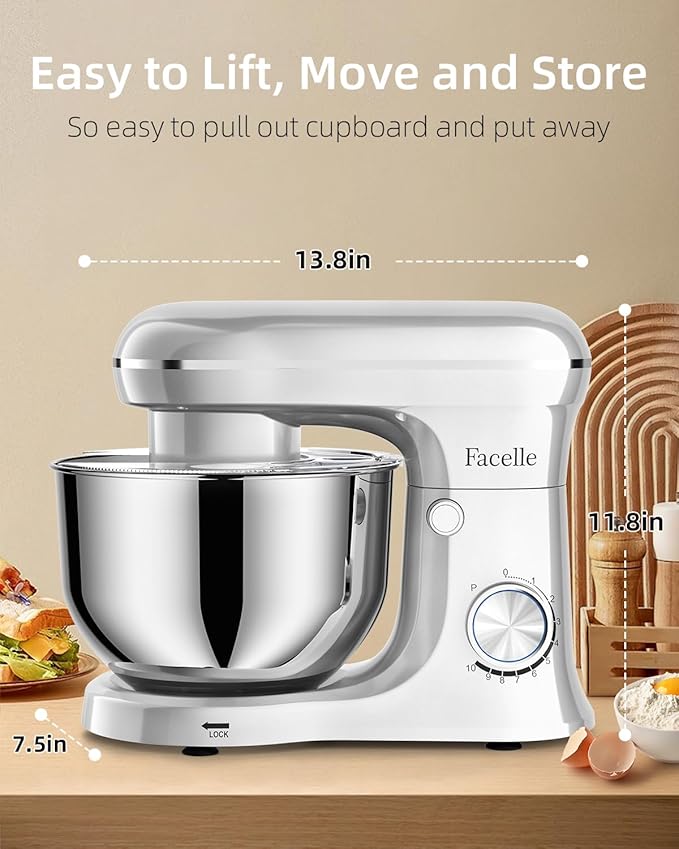 Facelle Tilt-Head Stand Mixer, 5QT+6QT Stainless Steel Two Bowls, 10 Speeds Kitchen Electric Food Mixer with Egg Whisk, Dough Hook, Beater, Dishwasher-Safe Attachment, Ideal Gift for Mom (Sliver)