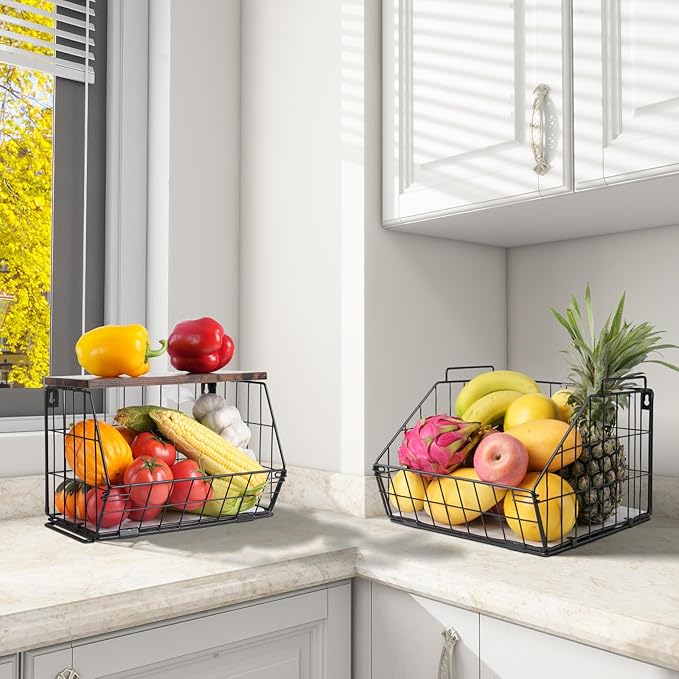 Wawocs 2 Tier Stackable Wall Mounted Hanging Basket, Fruit Basket for Kitchen Counter, Storage Bin with Wood Lid, Onion Storage, Fruit and Vegetable Storage, Countertop Organizer