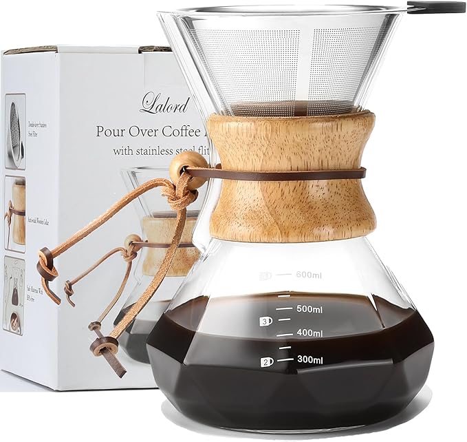 Lalord Pour Over Coffee Maker with Stainless Steel Filter, 20 oz Borosilicate Glass Coffee Carafe, Wooden Collar, Coffee Maker Carafe, Hold 3-4 Cups, 600 ml, Clear