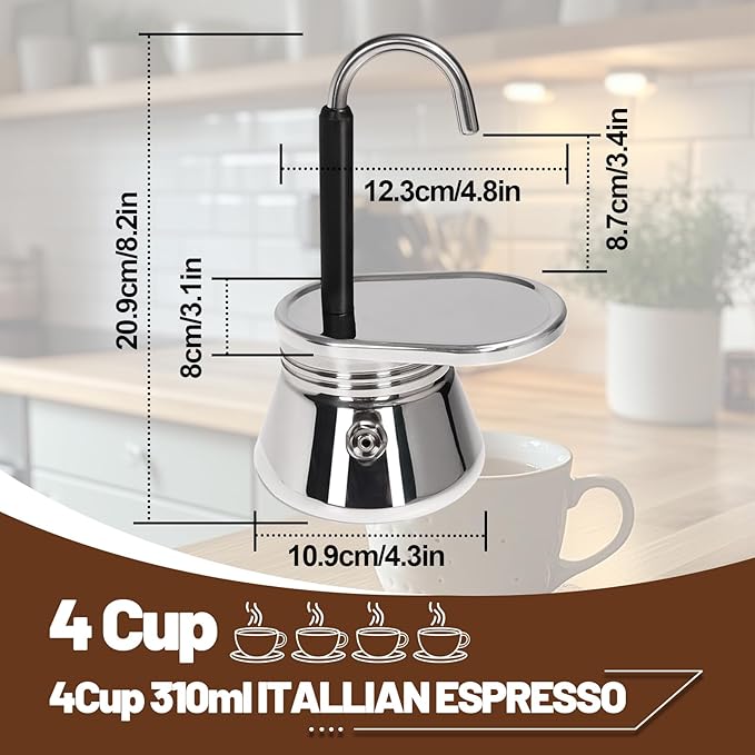 4 Cup Single Tube Moka Pot Stainless Steel Stovetop Espresso Maker Cafeteras Italian Percolator Espress Makers Capable Greca Mocha Coffee Machine for Induction Home 310ml 10.5oz