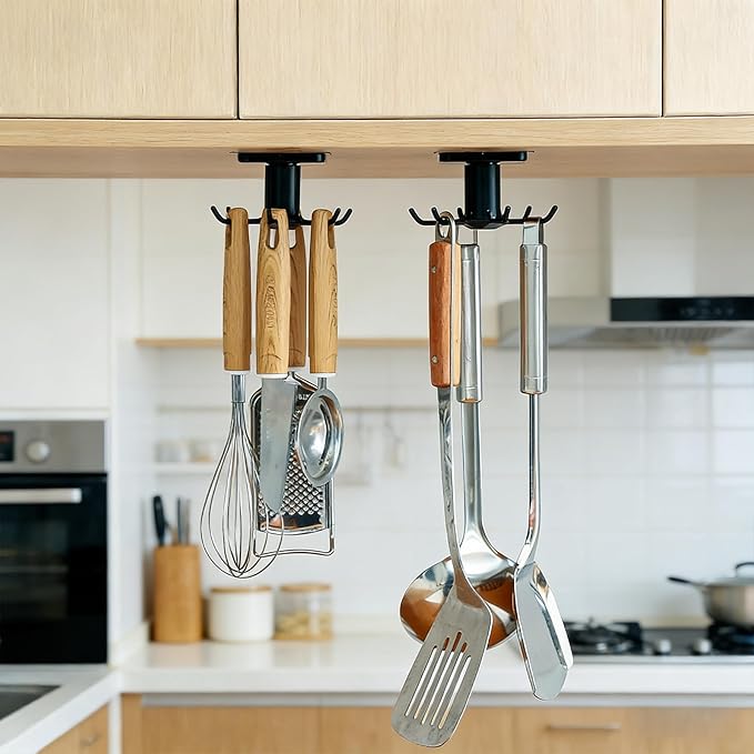 360° Rotating Kitchen Hooks, Adhesive Utensil Organizer Rack with 6 Hooks - No Drill Cabinet Mount for Spoons, Towels & Cups (2pcs)