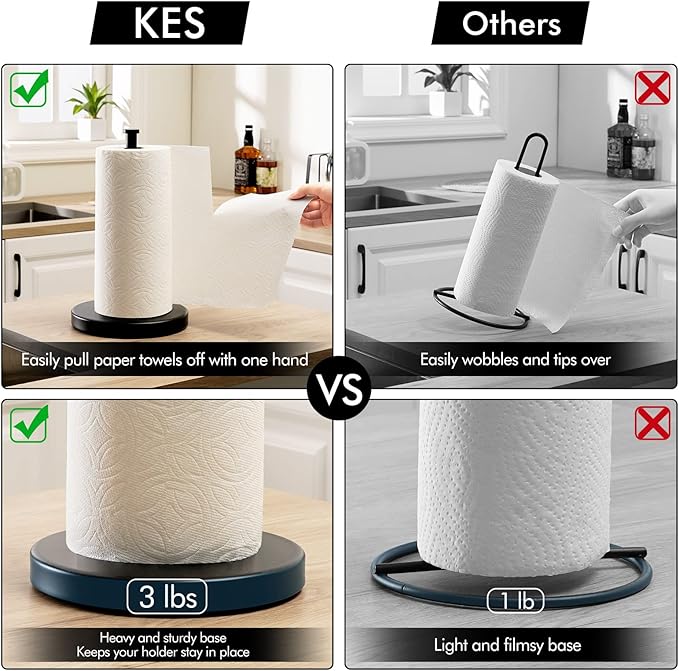 KES Matte Black Paper Towel Holder Countertop, Kitchen Paper Roll Holder Stand with Weighted Base Heavy for Standard or Gaint Rolls SUS304 Stainless Steel Matte Black, KPH202-BK