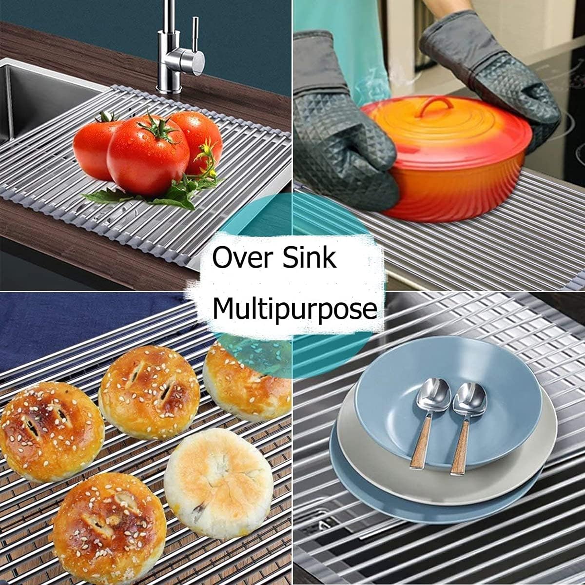 Ahyuan Roll up Dish Drying Rack Over The Sink Kitchen Roll up Sink Drying Rack Portable Dish Drainer Foldable Dish Drying Rack (Warm Gray, 20.5''X19.7'')