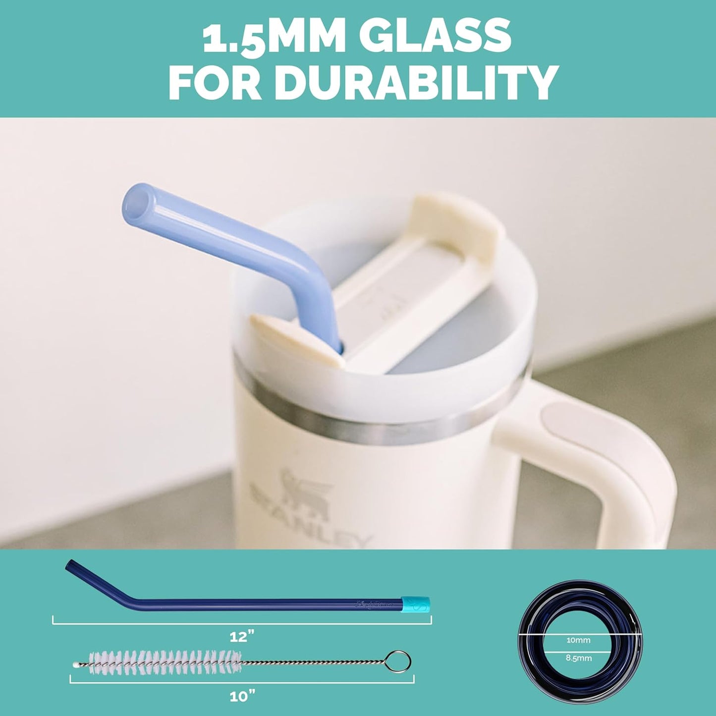 Simply Straws 12 Inch Glass Straws Bent (6-Pack) – Reusable Glass Straws for Stanley 40 Oz Tumbler, with Cleaning Brush – Durable, Dishwasher Safe, Hot & Cold Use, BPA-Free (Meadow)