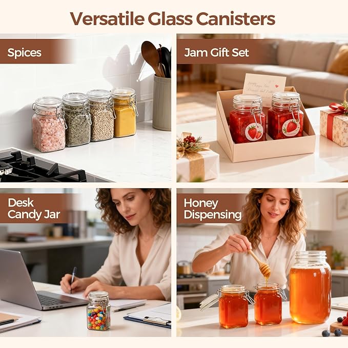 ComSaf Set of 6 Square Glass Jars with Airtight Lids (8 Oz), Pantry Canisters for Spices, Jams, & Herbs, Wire Clamp Jar for Overnight Oats, Pickling, Favors, Includes Labels & Funnel