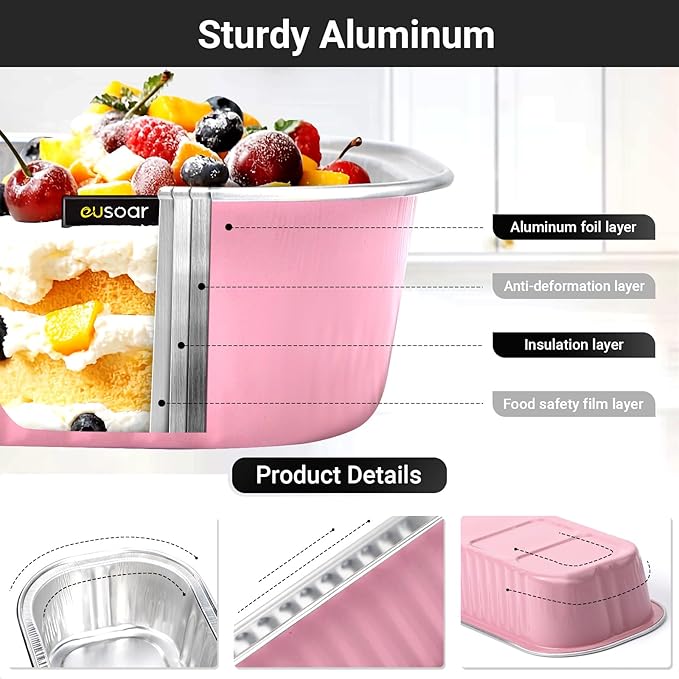 EUSOAR Cupcake Liners with Lids, 50pcs 6.8oz 6.5"x2.5"x1.2" Aluminum Disposable Foil Mini Loaf Pan Tin with Lids，Cupcake Baking Cups Ramekins Containers, Dessert Cheesecake Creme Brulee Ramekins Pan