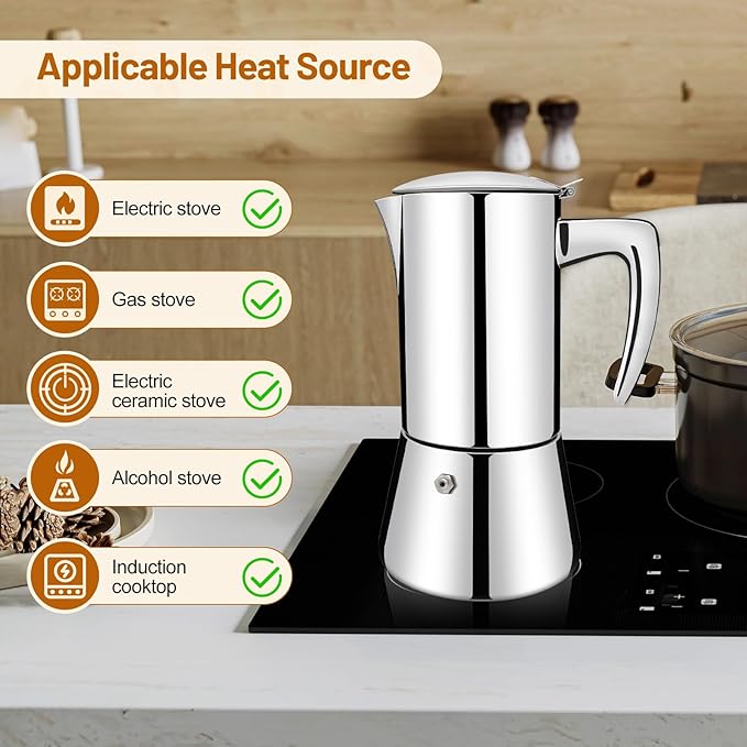No Coating 2 Cup Thickened 304 Stainless Steel Moka Pot Stovetop Espresso Maker Italian Coffee Machine 100ml 3.3oz Suitable for Gas Induction Stovetop Greca Coffee Maker Percolator