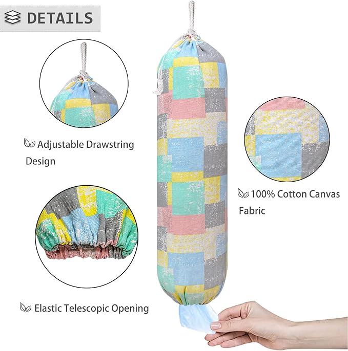 Plastic Bag Holder, Wall Mount Plastic Bag Organizer, Shopping Bags Carrier, Washable Large Grocery Bag Storage Dispenser for Home Kitchen Travelling, Free Adjustment with Drawstring (pink square)