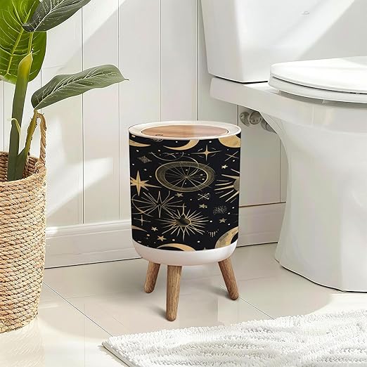 Trash Can with Lid Magic seamless pattern sun constellations moons stars Gold decorative Press Top Round Small Garbage Bin with Wooden Legs Waste Basket for Kitchen Bedroom Nursery 7L/1.8 Gallon