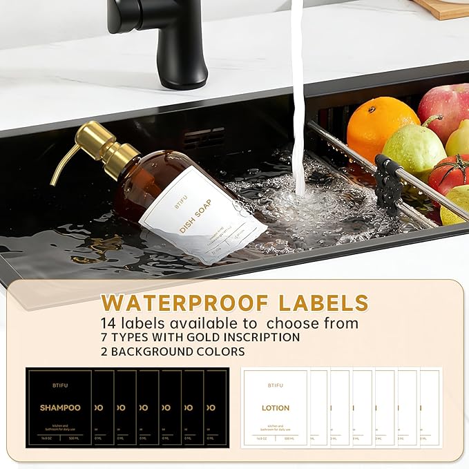 Kitchen Soap Dispenser Set – 16.8oz/500ml Glass Hand and Dish Soap Dispenser with Stainless Steel Pumps & Non-Slip Silicone Base, Luxury Countertop Decor for Home, Airbnb, Office (Amber & Gold)