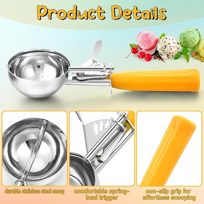 Reallnaive 2 Pcs Release Cookie Scoops Ice Cream Scooper with Trigger Release Portion Scoop Stainless Steel for Portion Control, Baking Food, Cookie Dough (1.6 oz,Yellow)