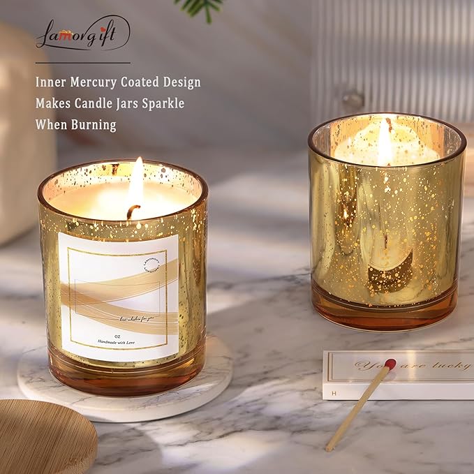 LAMORGIFT 12 Pack Gold Mercury Glass Candle Jars (10oz) with Lids - Candle Makes Accessory Set Including 15 Labels