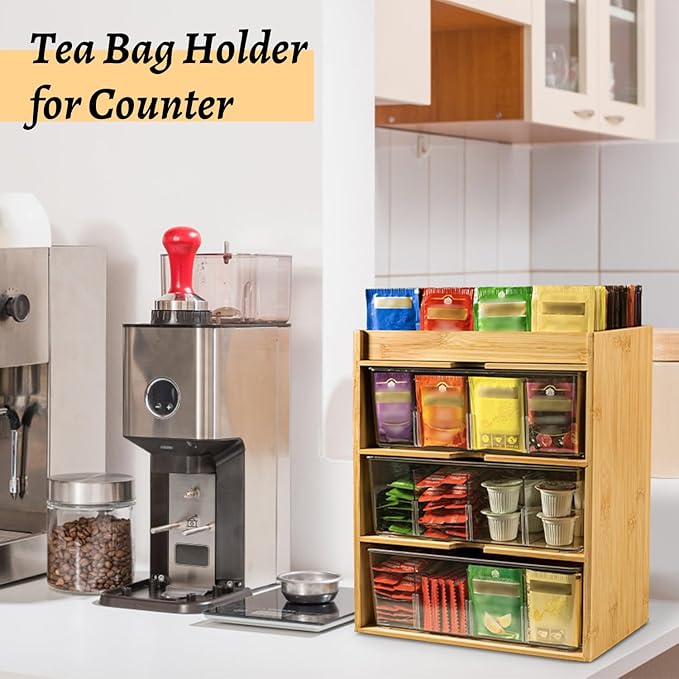 TIMIEEYA Tea Bag Organizer - Bamboo Tea Storage With Drawer 3 Layer, Organizer for Tea Bags Natural Wood & Acrylic for Countertop Office Kitchen Cabinet Pantry