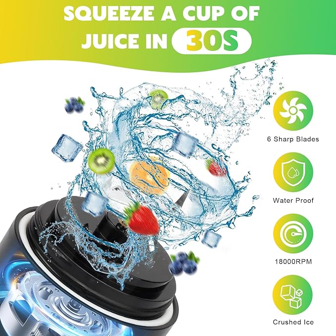 Portable Blender Personal Juicer for Shakes and Smoothies - 20 OZ Electric Protein Shaker Bottle with 6 Blades, Travel Lid, USB-C Rechargeable - Mini Small Blender Cup for Kitchen, Office, Gym