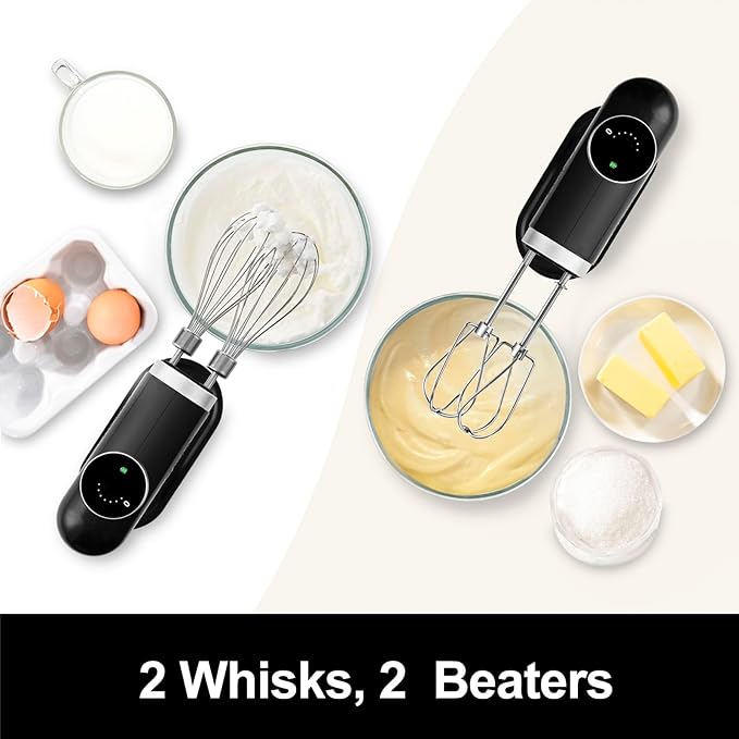 Kitchen in the box Cordless Rechargeable Hand Mixer for Kitchen, Portable Handheld Electric Mixer with Beaters, Whisks, 6-Speed Digital Display, Charging Base and USB-C Charge Cable (Classic Black)