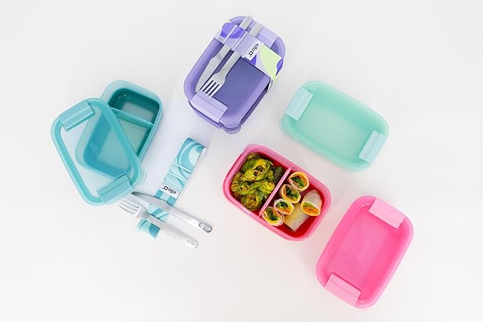 Ello 2-Pack Lunch Stack Plastic Food Storage Container Bento Box with Airtight, Leak-Proof Locking Plastic Lids and Silicone Base, BPA-Free, Freezer, Microwave, and Dishwasher Safe, Guava