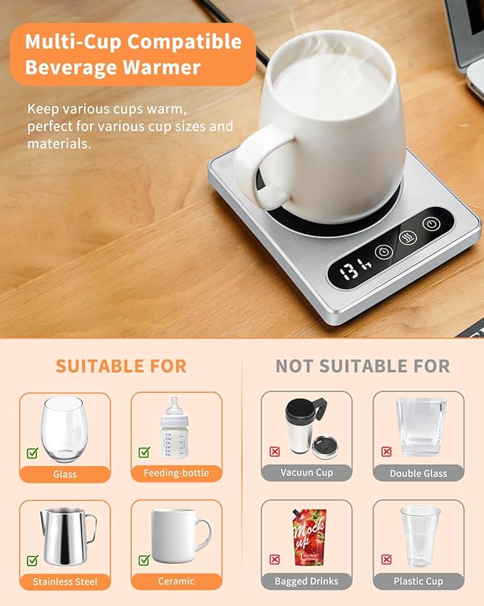 Maestri House ETL Listed Coffee Mug Warmer with 4 Temp Settings & 1-12 Hour Timer, Auto Shut Off for Desk, Smart Electric Beverage Warmer, Candle Melter for Home and Office (Silver)