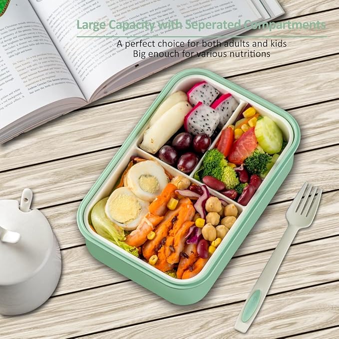 Bento Boxes for Adults - 1100 ML Bento Lunch Box For Kids Childrens With Spoon & Fork - Durable Perfect Size for On-the-Go Meal, BPA-Free and Food-Safe Materials(Green)