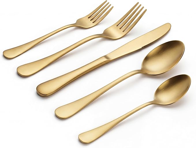 LIANYU 20 Piece Matte Gold Silverware Set, Stainless Steel Gold Flatware Cutlery Set for 4, Fancy Kitchen Utensil Tableware for Home Restaurant Party, Satin Finish, Dishwasher Safe
