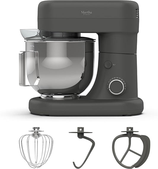 Martha Stewart Stand Mixer, 12 Speed, Tilt-Head, 5.3QT Stainless Steel Bowl, Splash Guard with Pour Chute, Whisk, Dough Hook, Flat Beater, Electric Kitchen Baking Mixer, Bread, Cake, Whip, Caviar Gray
