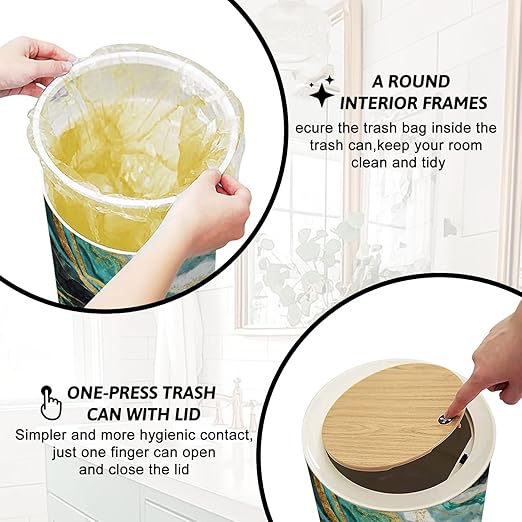 Trash Can with Lid Mural for Wall Frame Resin geode Abstract Art Functional Art Press Top Round Small Garbage Bin with Wooden Legs Waste Basket for Kitchen Bedroom Nursery 7L/1.8 Gallon