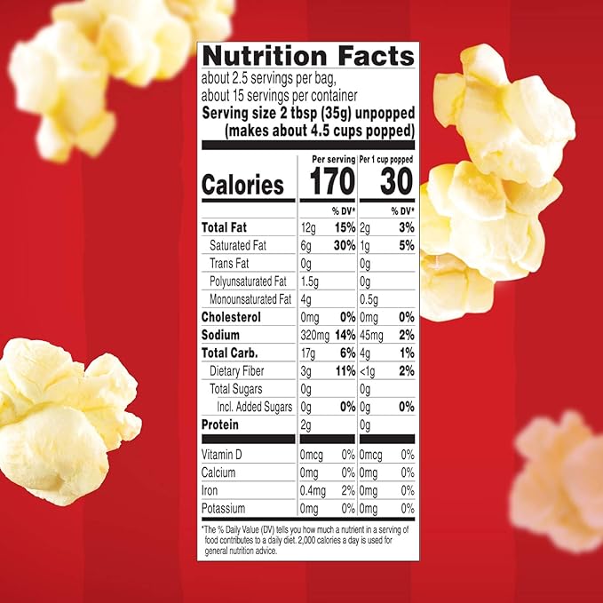 Orville Redenbacher’s Microwave Popcorn, Butter Flavor, 3g Fiber Per Serving, 3.29 oz., 6-Count (6 Boxes)