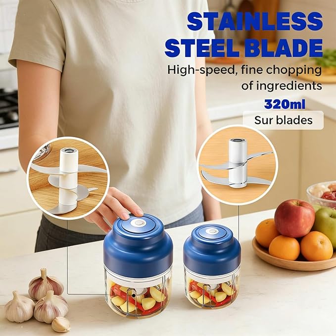 Electric Garlic Chopper Mini, Upgraded Rechargeable Veggie Chopper With Storage and Cover, One-Touch Food Processor with 4 Stainless Steel Blades for Onion Meat Chili Ginger (Purple, 250ml)
