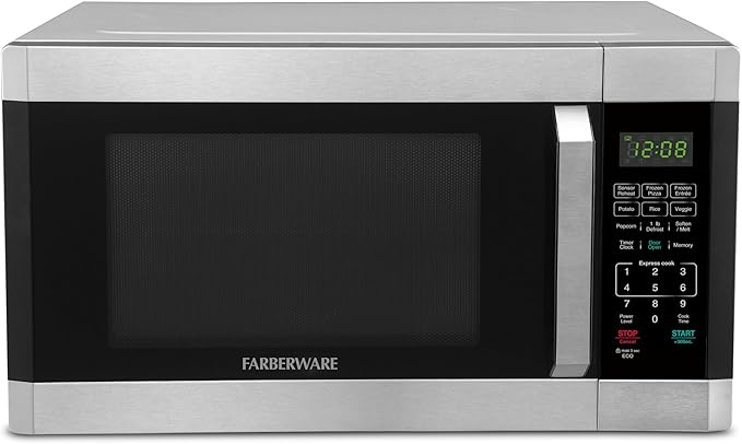 Farberware 1.6 Cu. Ft. Countertop Microwave Oven – 1100 Watts Power, Smart Sensor Auto Cook Settings, Defrost, Easy Clean and Child Safety Lock - Stainless