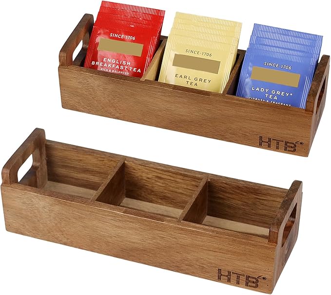 HTB Small Wooden Tea Bag Box 2PCS, 3 Compartments Acacia Wood Tea Bag Chest with Handle, Mini Countertop Divided Storage Container for Beverage Supplies, Sugar, Sweeteners, Individual Packets