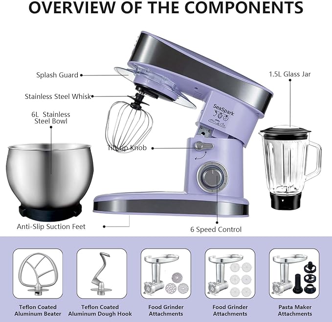Multifunctional Stand Mixer, 6 in 1 Stand Mixer, 6.3Qt Tilt-head, Standing Mixer with Stainless Steel Bowl, Meat Grinder, Juice Blender, for professional Baking and Most Home Cooks, Purple
