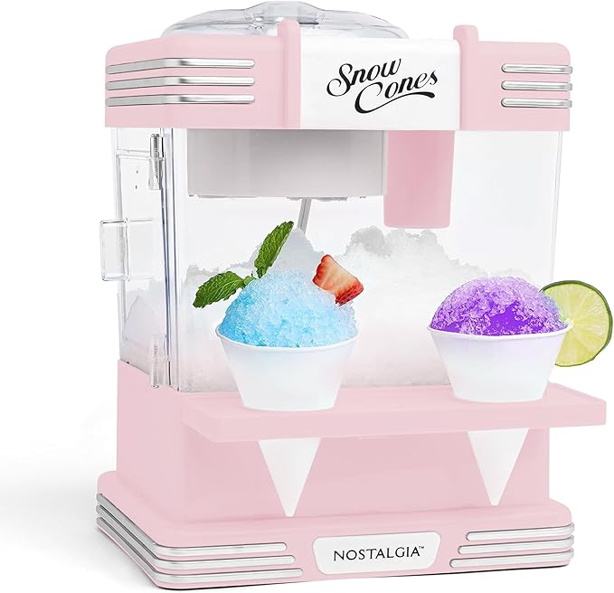 Nostalgia Retro Snow Cone Maker – Countertop 5-qt Shaved Ice Machine – Stainless Steel Blades – Includes 2 Reusable Cups, Ice Scoop, & Sid Shelf – Pink