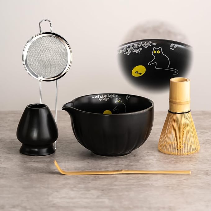 TANG PIN Premium Matcha Set - Traditional Japanese Matcha Making Kit with Spout Bowl (Chawan), Bamboo Whisk (Chasen) & Holder Stand - Complete Matcha Maker Starter Tools for Matcha Tea & Latt (Cat)