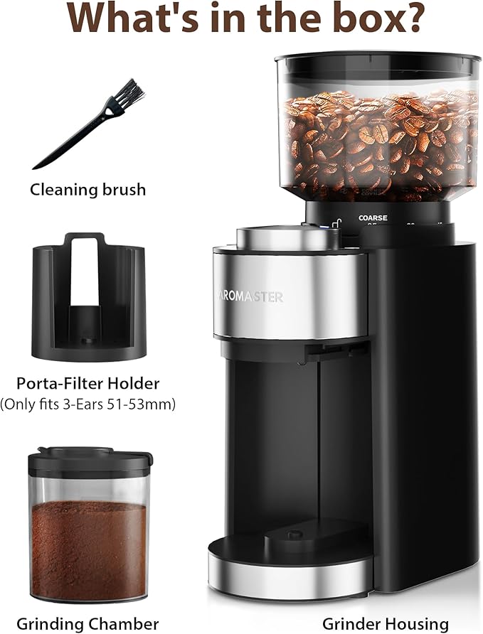 Aromaster Conical Burr Coffee Grinder with 25 Grind Settings,Adjustable 2-12 Cups Timer,Coffee Bean Grinder,3-Ear Portafilter Holder, Anti-static Design,Cleaning Brush Included,Black